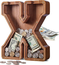KMC wooden letter piggy bank, oak initial coin bank with clear plexiglass front - view 9