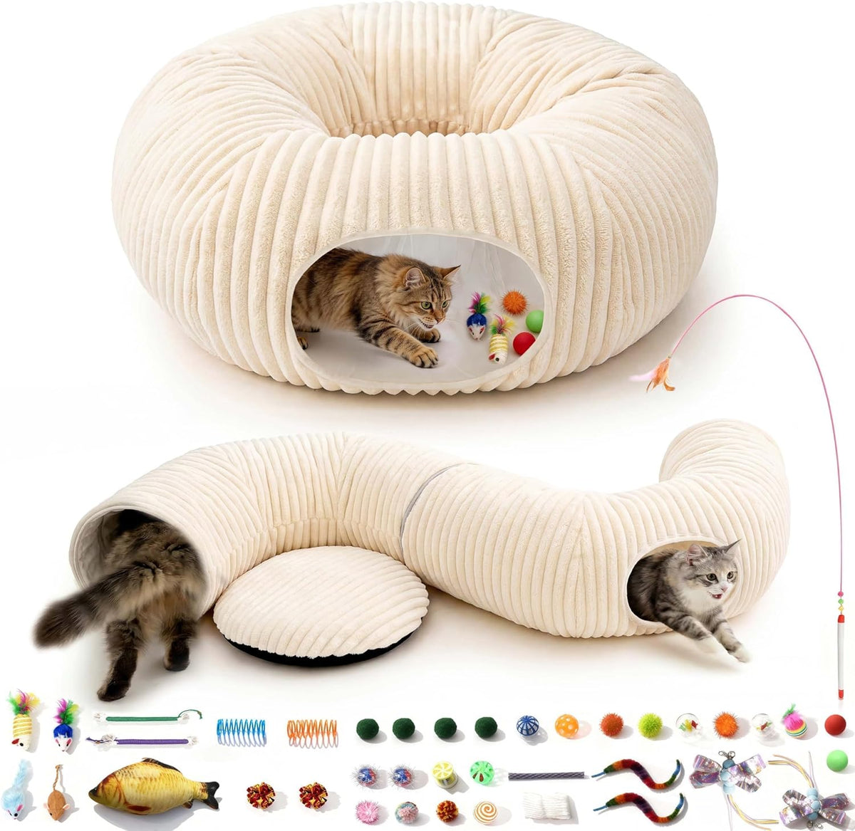 Cat Tunnel Bed with 40 Pcs Interactive Cat Toys - White / Medium