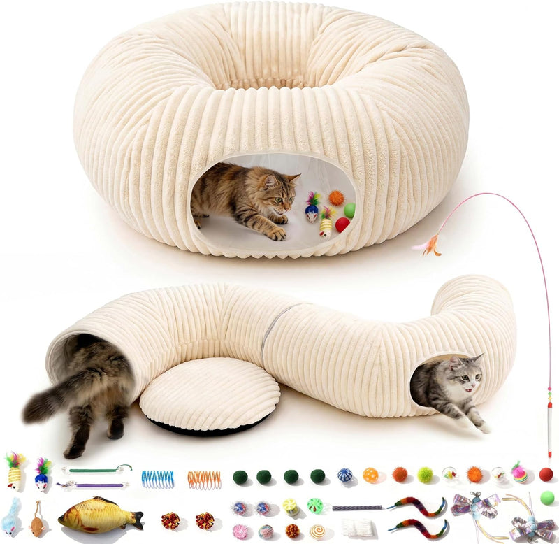 Cat Tunnel Bed with 40 Pcs Interactive Cat Toys - White / Medium