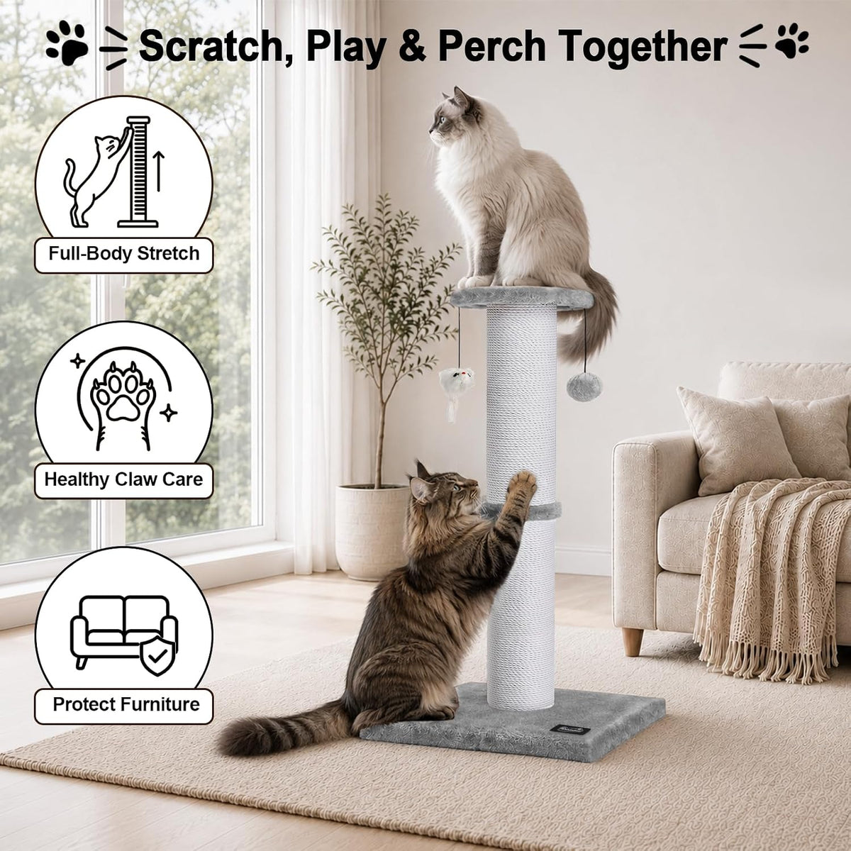 34-Inch Tall Cat Scratching Post for Large Cats, Stable Base - Light Gray - image 3