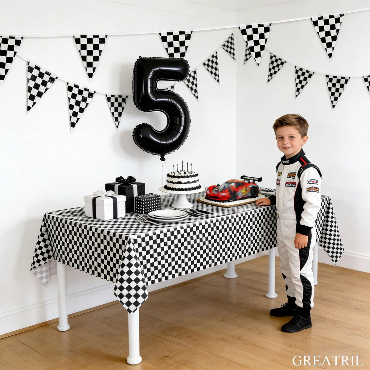 Pennant Banner Flags Pastel for Birthday Classroom Outdoor 4 Strings – Fun for Kids & Family - Black White Checkered - image 2