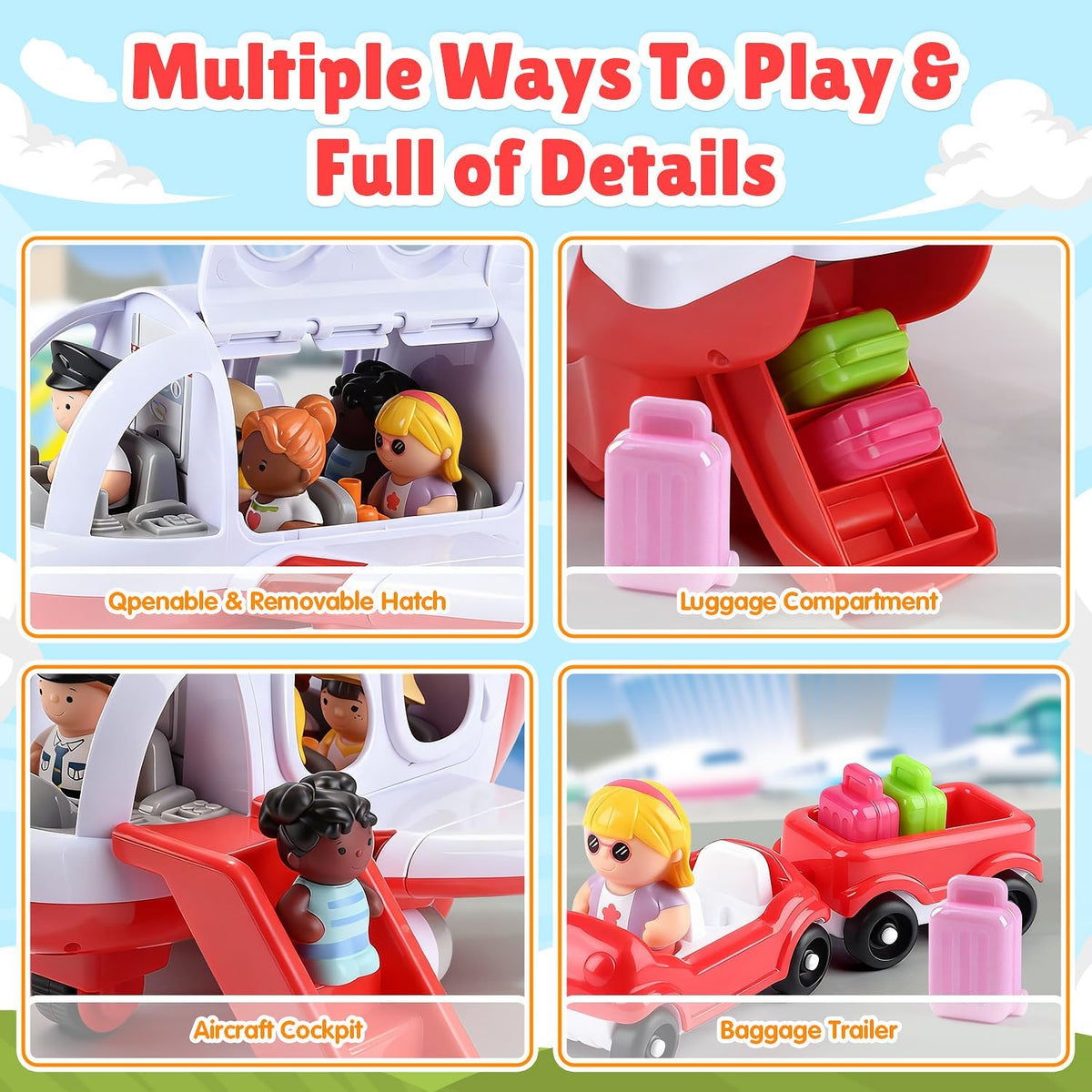 PLAY Musical Airplane Toy for kids Small Figures & Baggage - Red - image 3