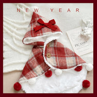 Plaid Pet Hooded Cape with Fuzzy Lining & Pom-Poms