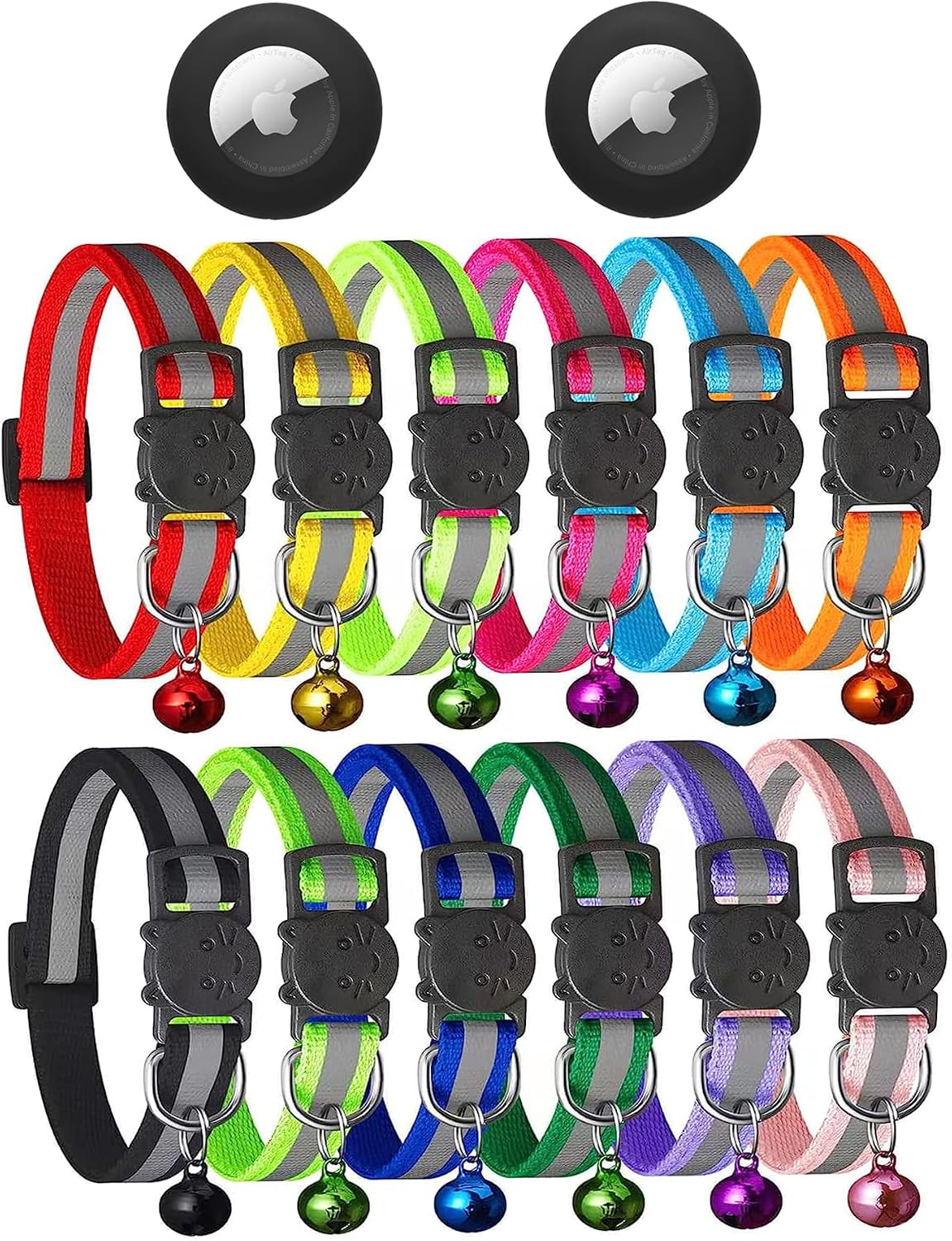 12 Pack Reflective-Breakaway Cat Collars with Bells - Adult Cat 7.5''-12.5'' (with 2 Airtag Holders)