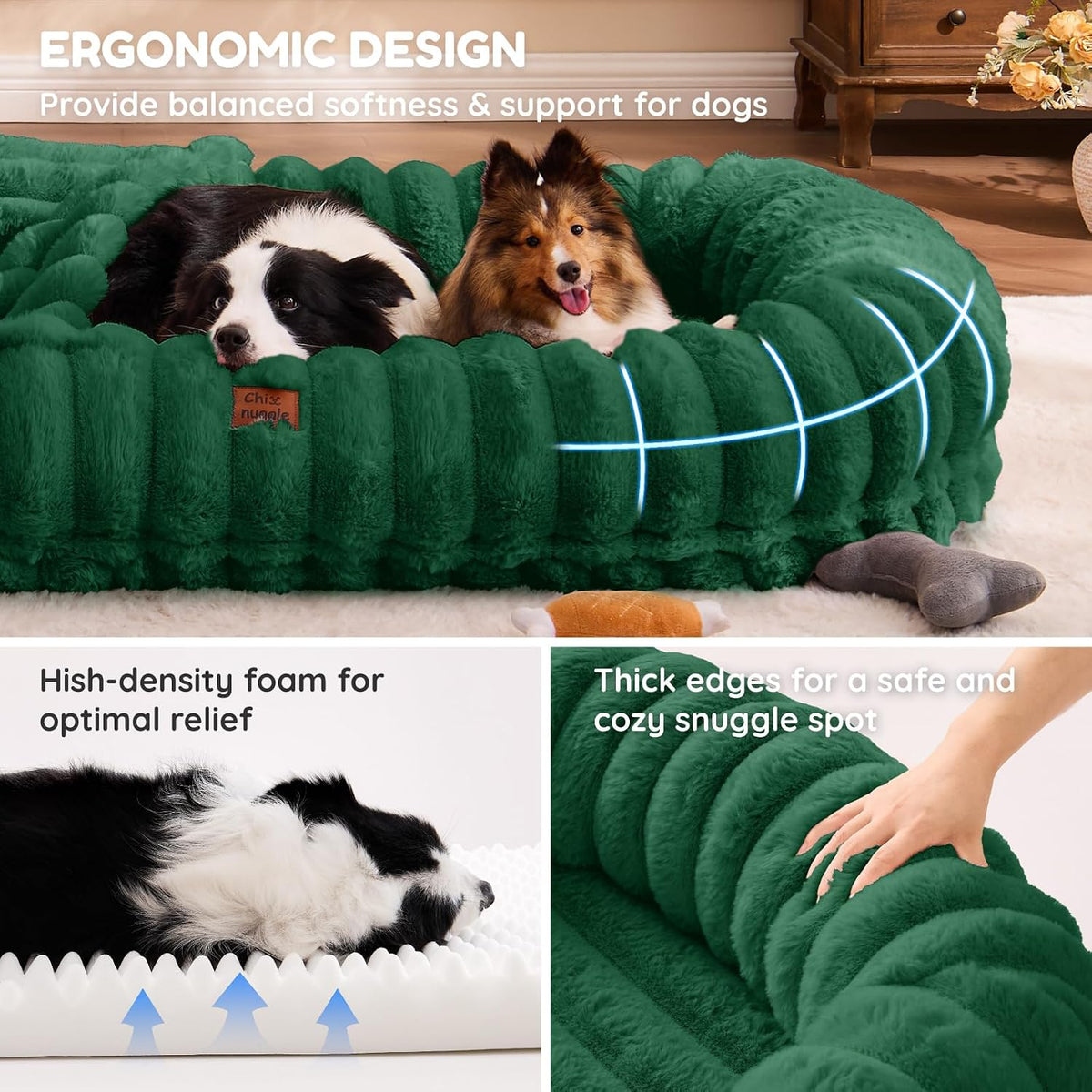 Orthopedic Human Dog Bed, with Faux Fur Washable Cover, Blanket - Dark Green / Human Dog Bed (72x40x10) - image 4
