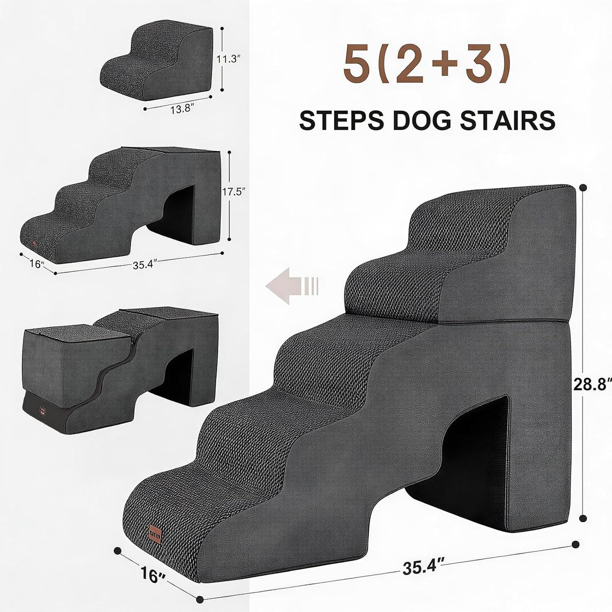 Garnpet Dog Stairs for Couch Sofa and Chair - Fleece 5-Step / Charcoal Grey - image 2