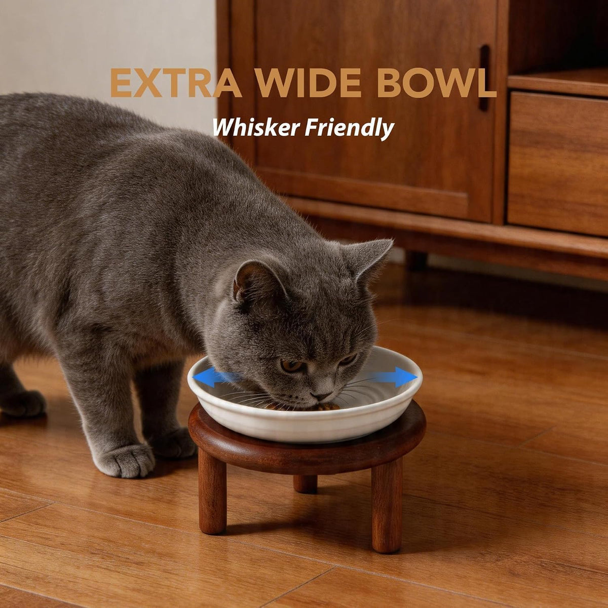 Elevated Cat Bowls, Ceramic Cat Bowl with Bamboo Stand Wide Opening – Essentials for Cats - White / Paw x2 + Acacia Wood - image 4