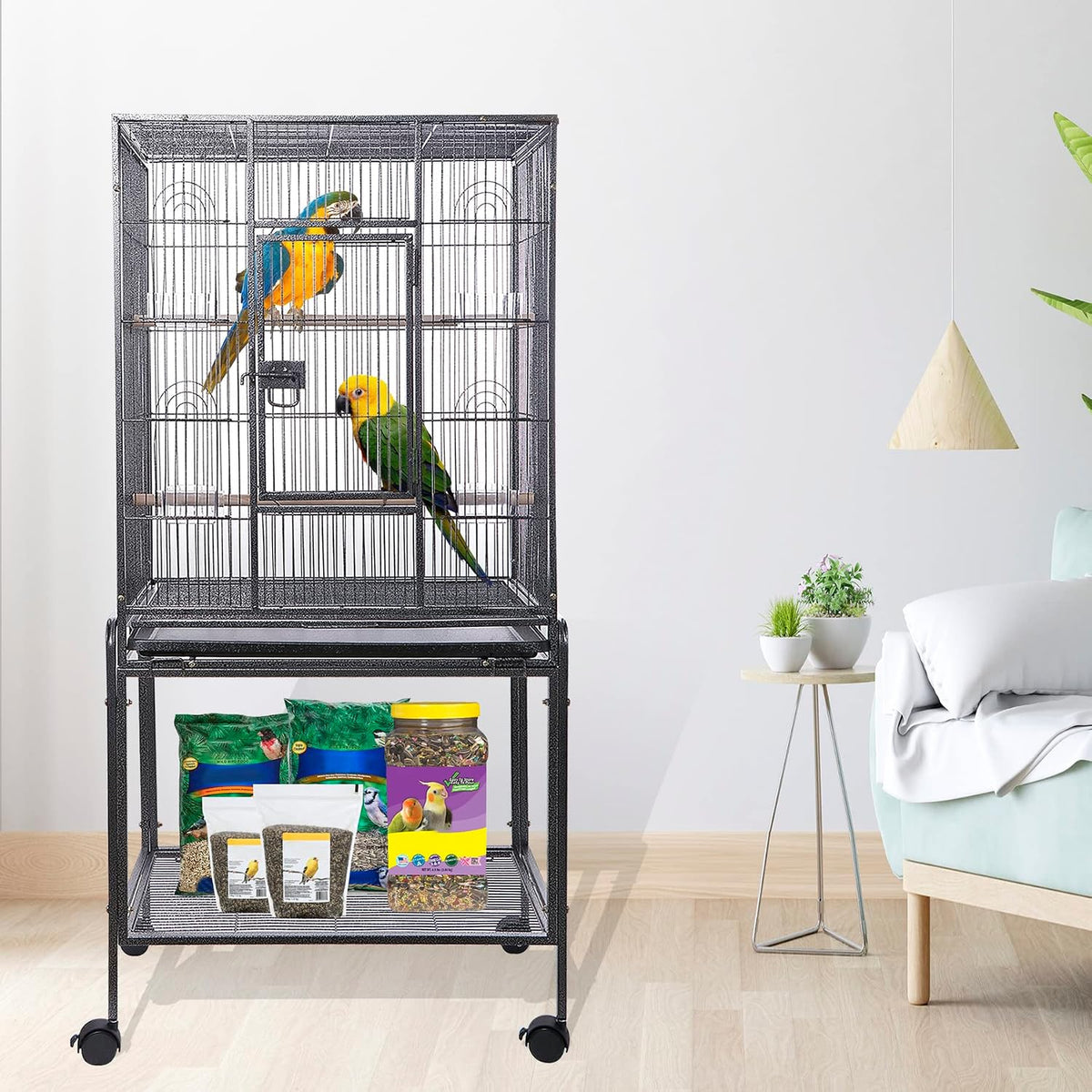 HSM 53 inch wrought iron large bird flight cage with rolling stand - view 3