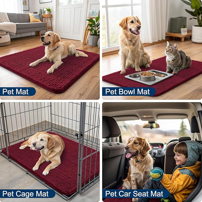 Smiry Dog Door Mat for Muddy Paws 59x24, Absorbs Moisture and Dirt Doormat, Non-Slip Washable Quick Dry Chenille Front Door Mat Indoor Entrance, Entryway Carpet for Inside Floor, Burgundy