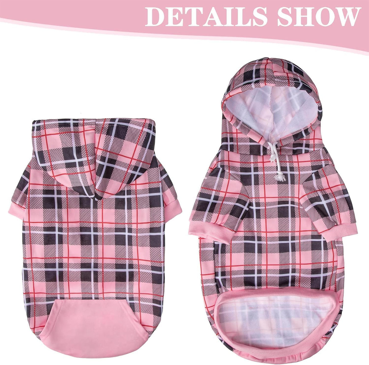 Plaid Dog Hoodie - British Style Warm Dog Sweater Shirt with Leash Hole,Pitbull Clothes - Pink / Small - image 4