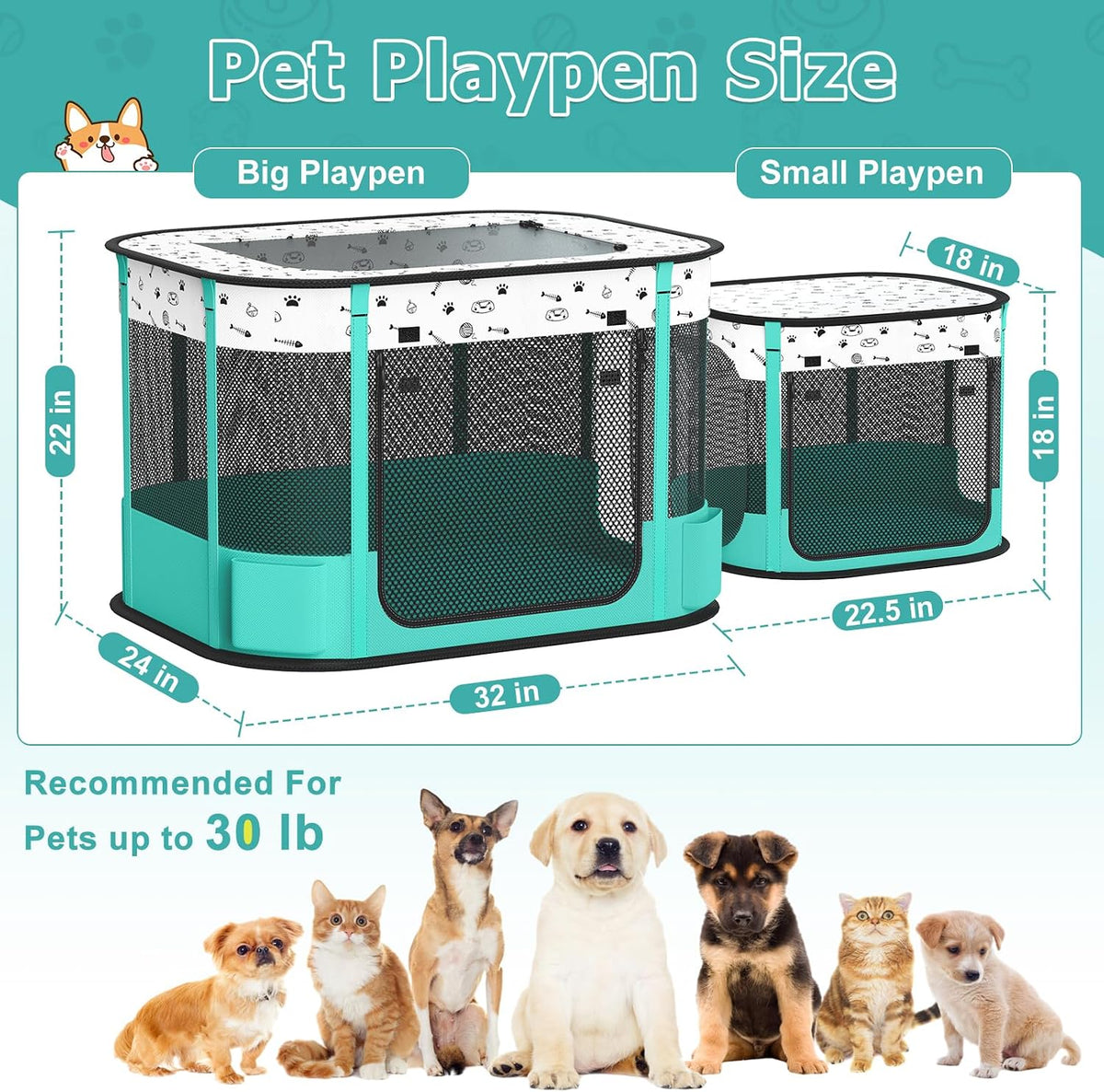 Cat Playpen, Portable Pet Dog Playpen - Green / 32" × 24" × 22" - image 3