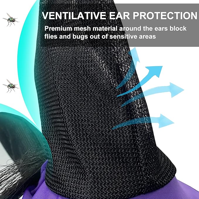 Stretchy Horse Fly Mask for Horses, Soft Lycra Equine Mesh Mask, Elasticity Horse Face Covering, Breathable&UV Protection, Violet, Full