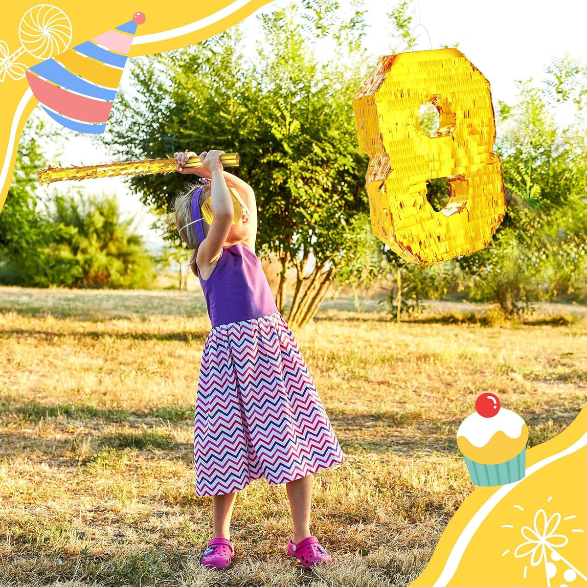 Sratte gold foil number piñata set with gold blindfold, piñata stick and bag of confetti - view 14