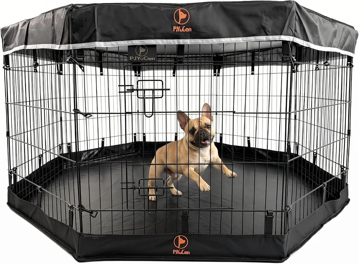 Puppy Playpen with Bottom Pad and Door, 8 Panels 24" H - Black / Small Pen: 30-Inch High / Playpen+Bottom+Top Cover