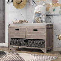 Storage Bench Removable Basket 2 Drawers Fully Assembled Acacia Wood Shoe Bench Standing Shoe Rack Removable Cushion for Living Room, Entrance Hallway, No Assembly Required White Washed