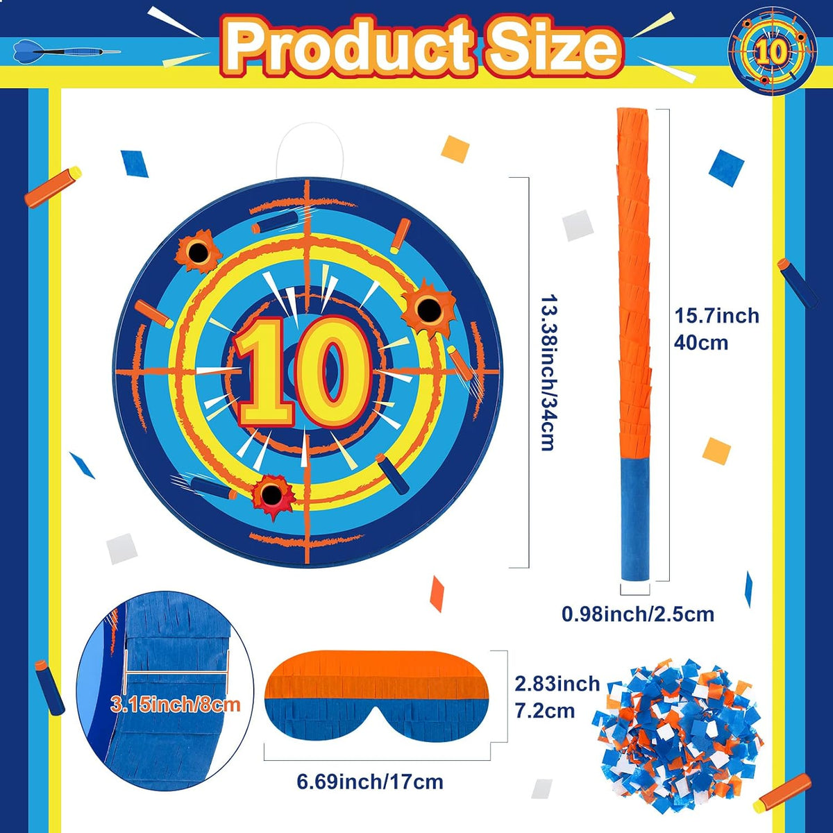 Sotiff dart theme toy gun piñata with blindfold, stick and confetti - view 9