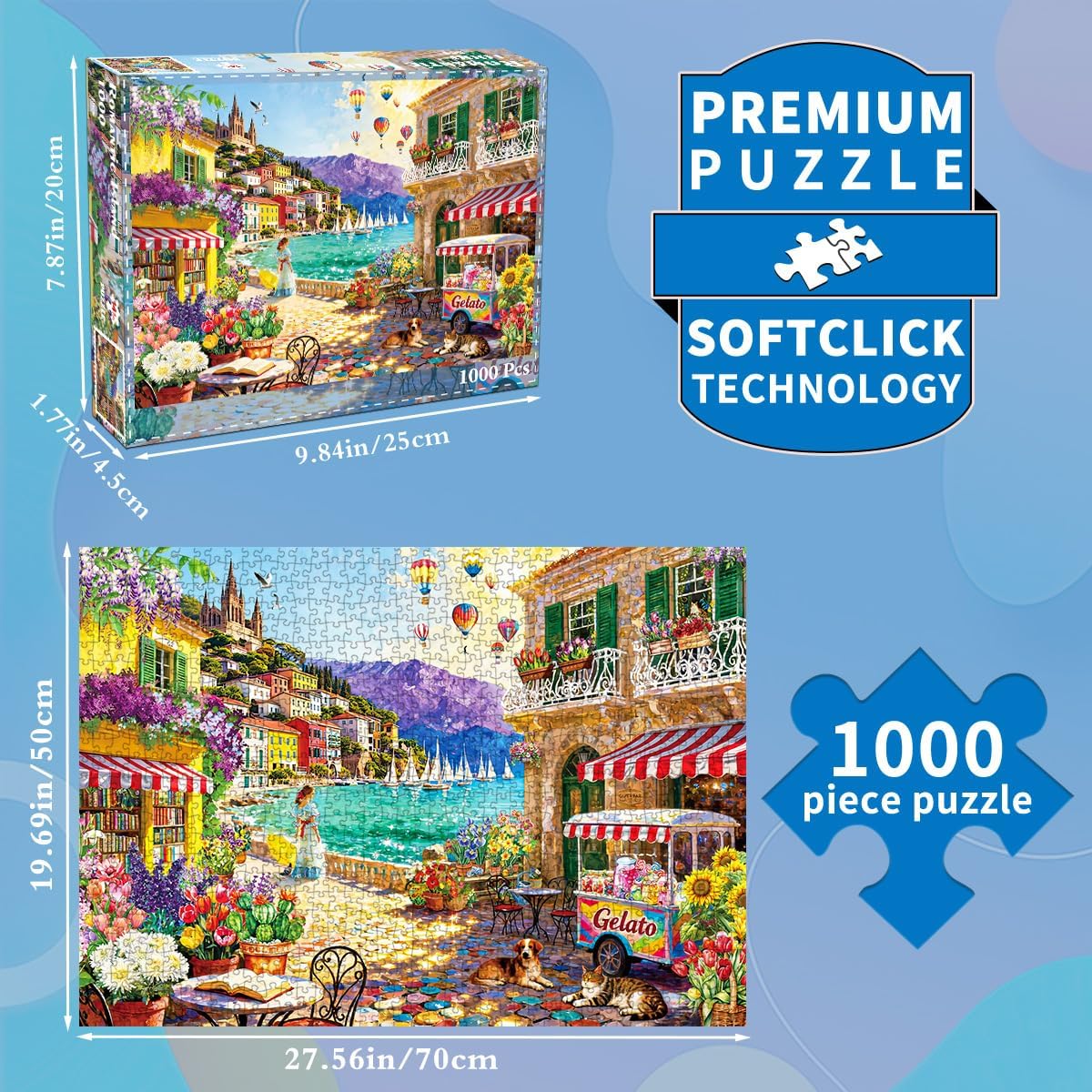 1000 Piece Jigsaw Puzzle, French Riviera Flower Market - Coastal Town - image 3