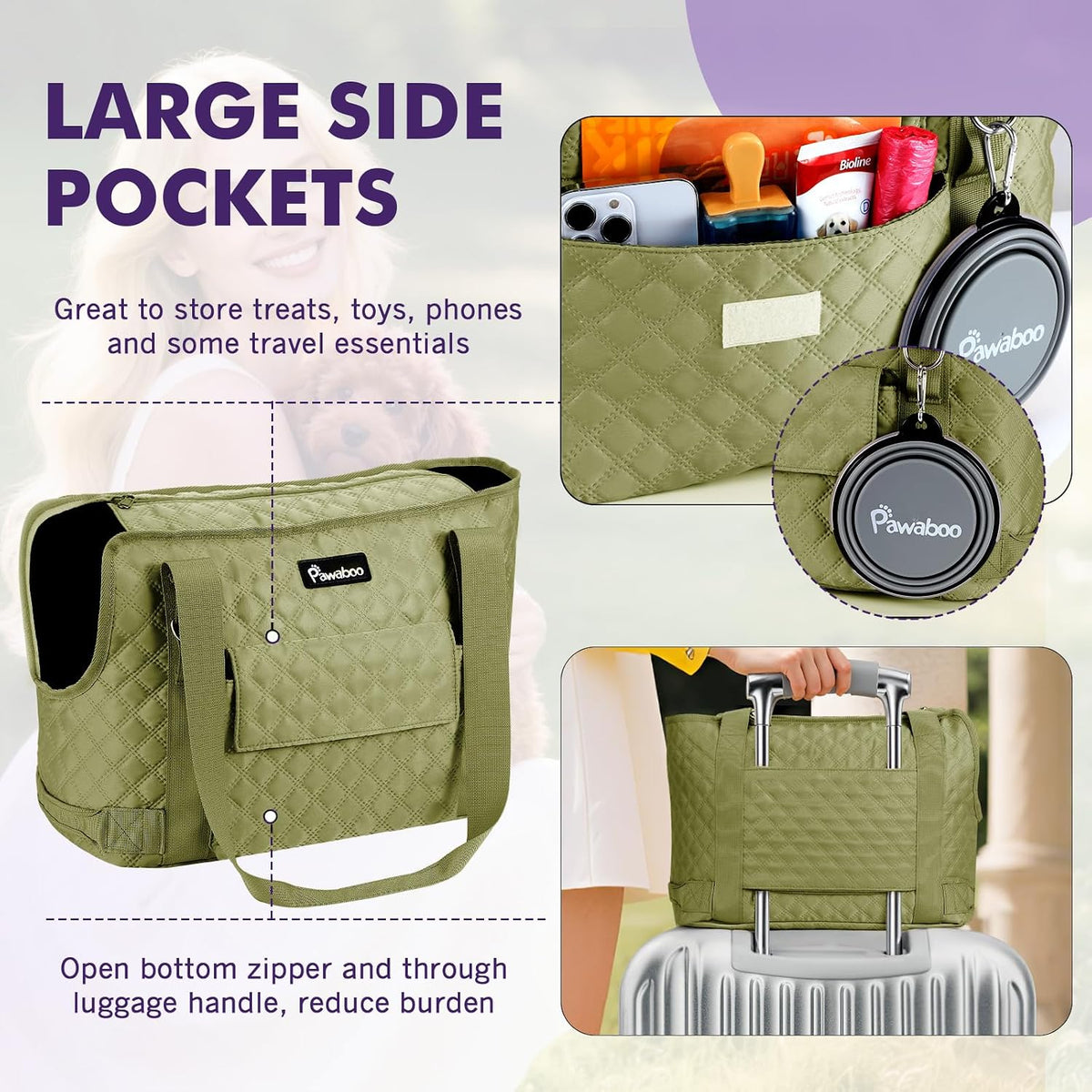 Pawaboo Dog Purse Carrier for Small Dogs with Pocket - C-Matcha Green - image 4