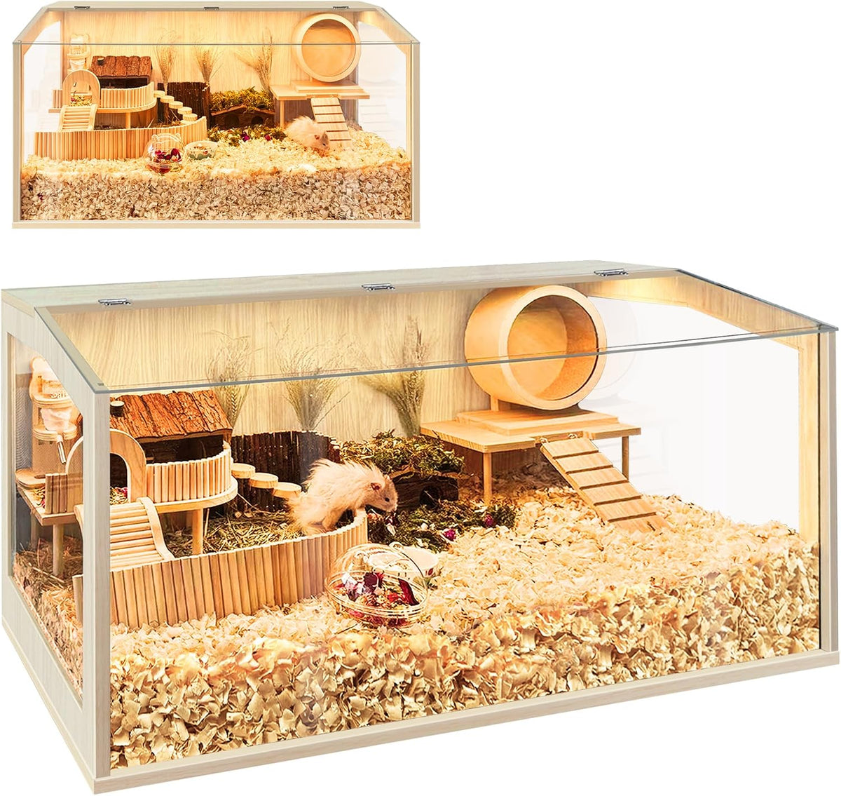 Hamster Cage Chewproof, Large Hamster Cages and Habitats - Natural Oak Wood / 32.0"L x 16.0"W x 16.0"H / Openable Window Roof