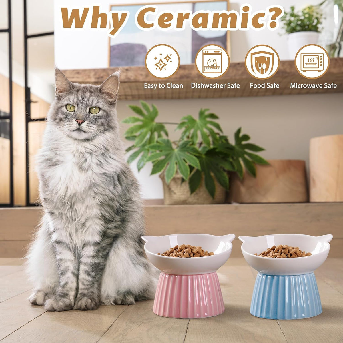 Ceramic Raised Cat Bowl，Tilted Raised Cat Bowl Anti Vomit Cat Bowls - Pink+Blue - image 3