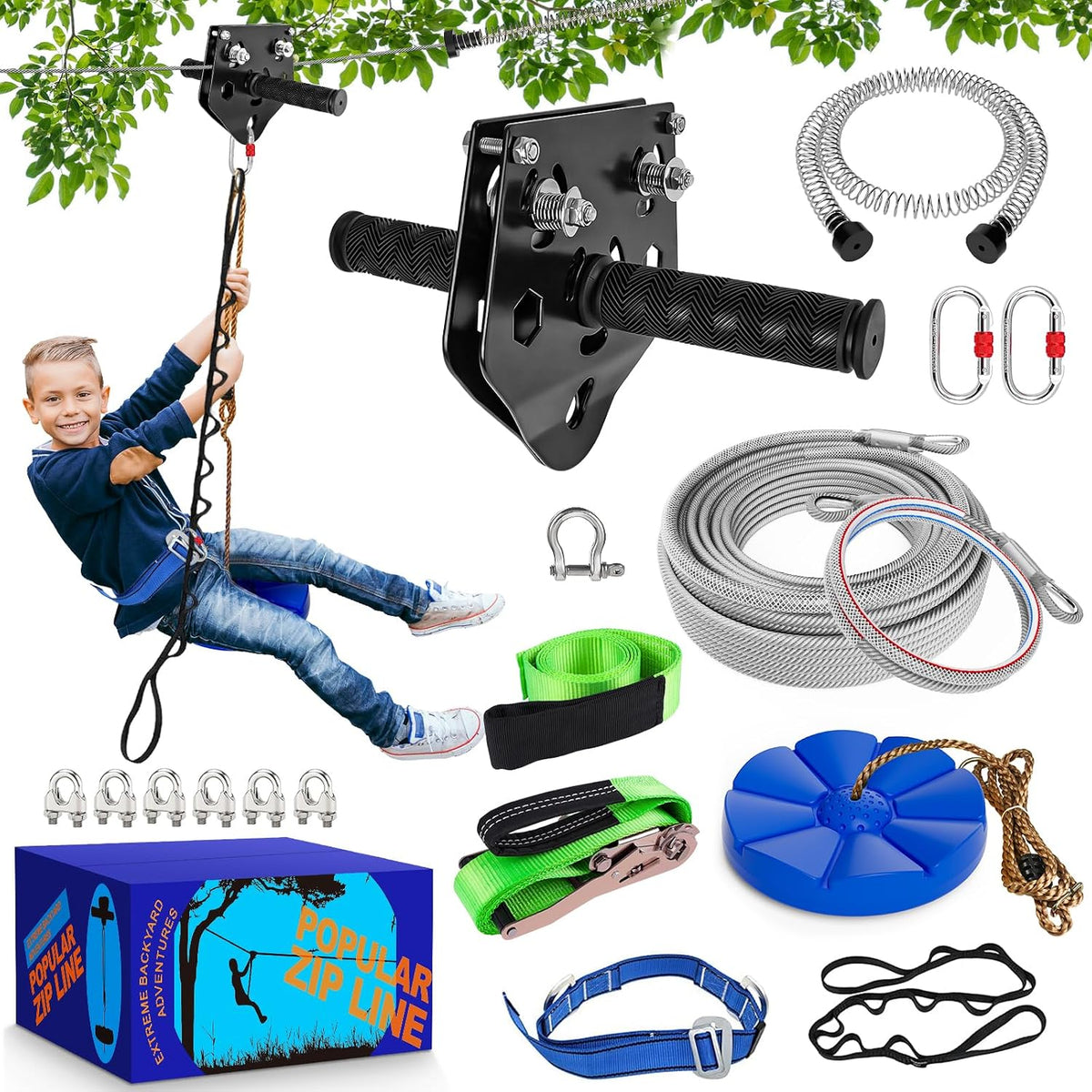X XBEN backyard zip line kit with stainless steel trolley, swing seat and spring brake - view 2