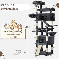 Cat Tree, 80-Inch Large Cat Tower with 9 Scratching Posts, 2 Perches, 2 Caves, 2 Basket, 2 Stairs, Extra Large Hammock, Pompoms, Multi-Level Plush Cat Condo for Indoor Cats/Smoky Grey