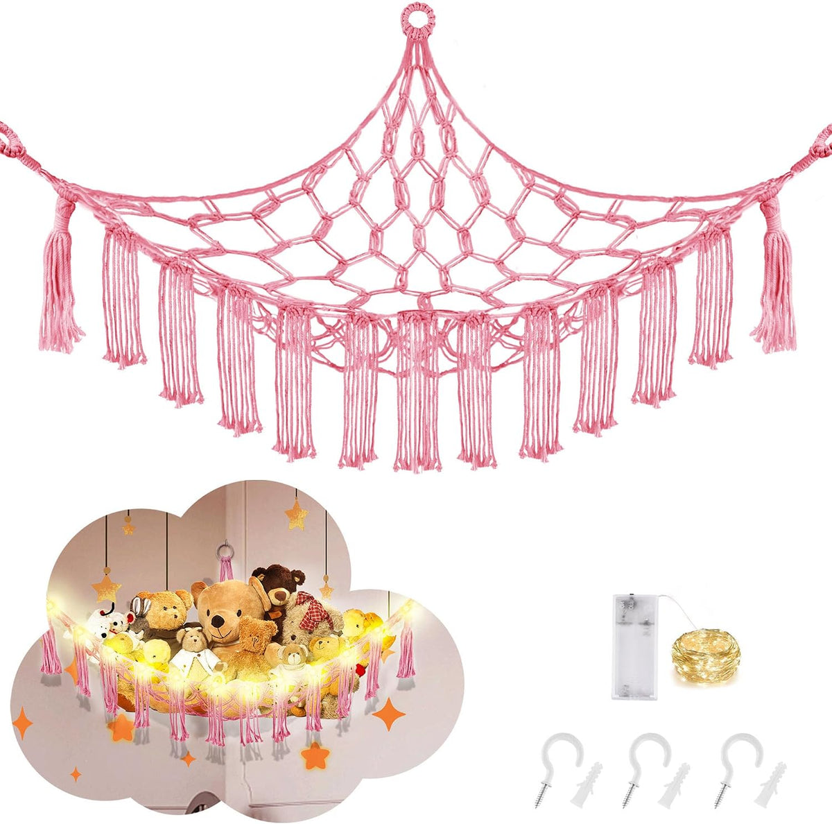 CERETIA Stuffed Animal Hammock Large Corner Plushie Net Storage - Pink / Jumbo-(Package of 1)
