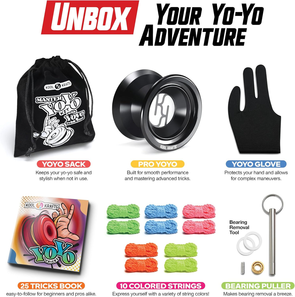 Kool Krafts responsive yoyo kit with aluminum yo-yo, glove, strings, bag and trick book - view 2