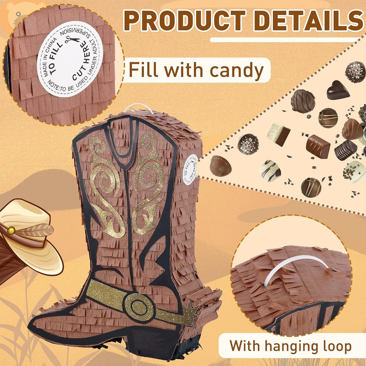 3 Pcs Soccer Ball Piñata with Blindfold Stick Soccer Birthday Party - Cowboy Boot - image 4
