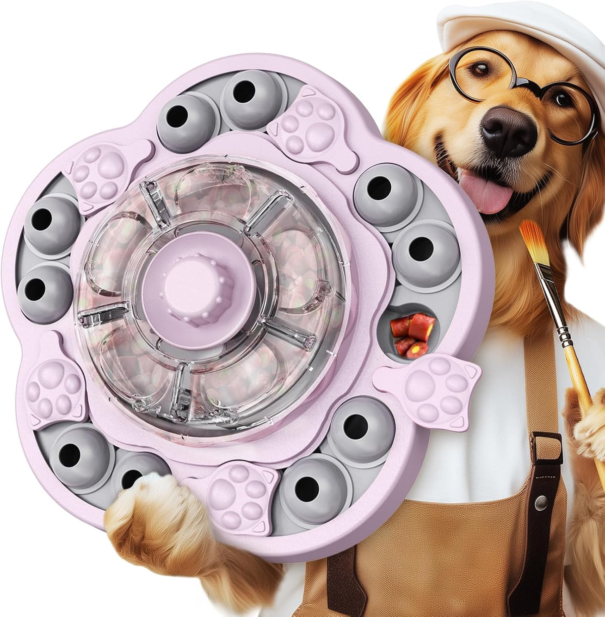 3-Level Dog Puzzle Toy, Spin to Release Treat Dispenser & Slow Feeder – Essentials for Dogs - Pink