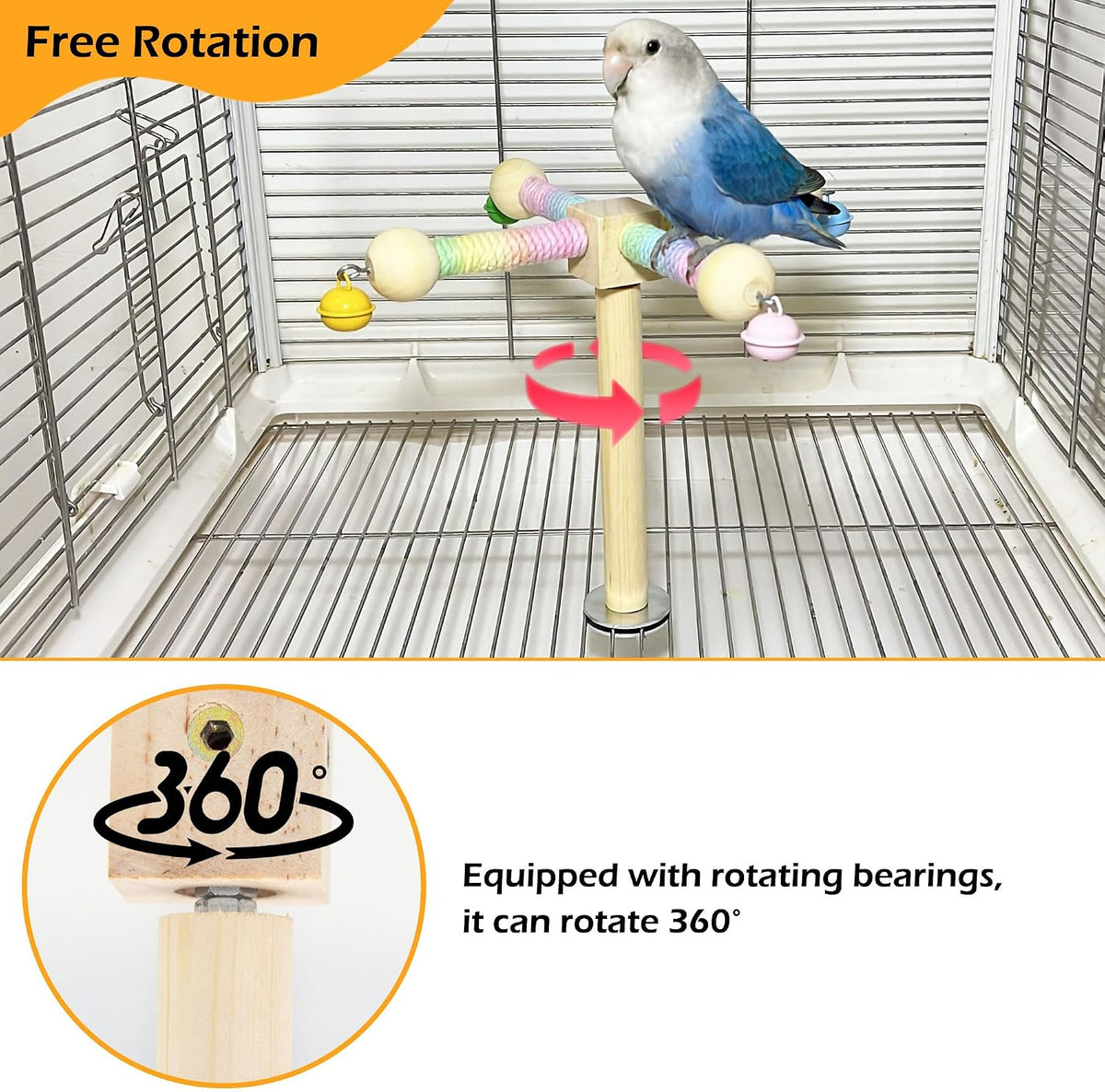 Bird Perch Toy, Kiln-Dried Wood Interactive 360° Spinning Cage Toy – Essentials for Birds - Small (with bells) - image 3
