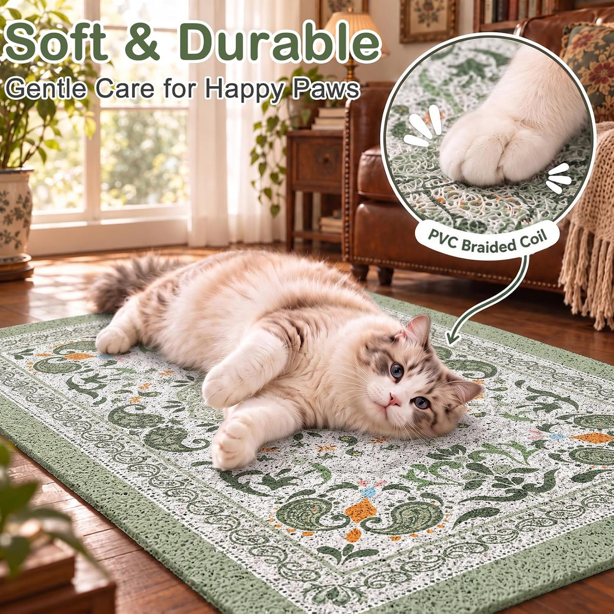 24"x15" Cat Litter Mat Non-Slip Washable Litter Box Mat – Daily Care for Cats - Green Mandala / 24X15in - image 4