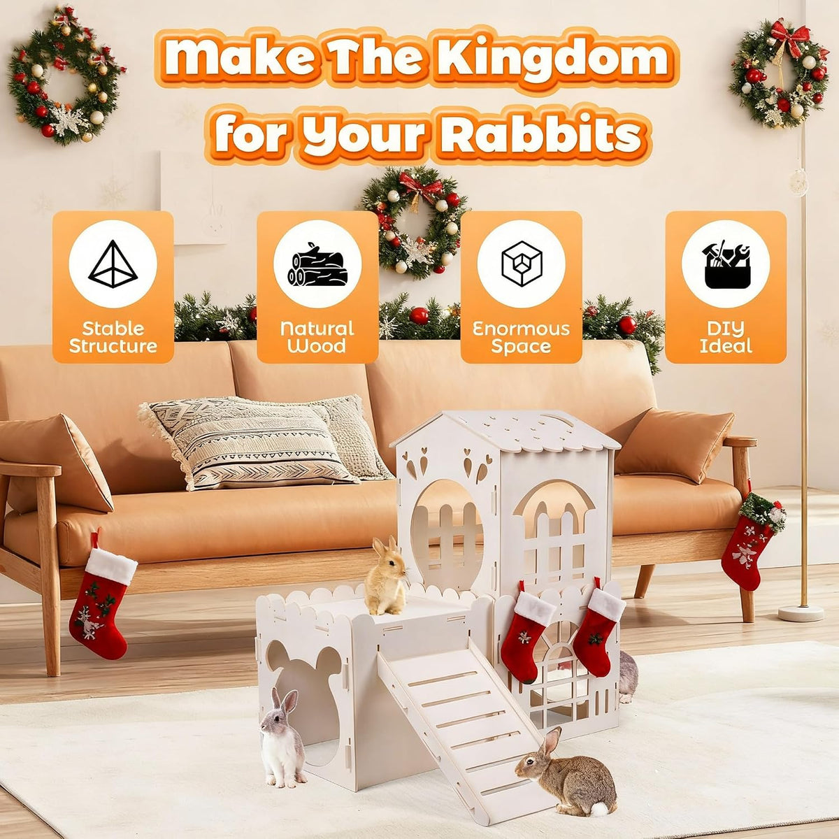 Large Rabbit House, Wooden Bunny Castle with 3 Houses Indoor - 3 Houses - image 4