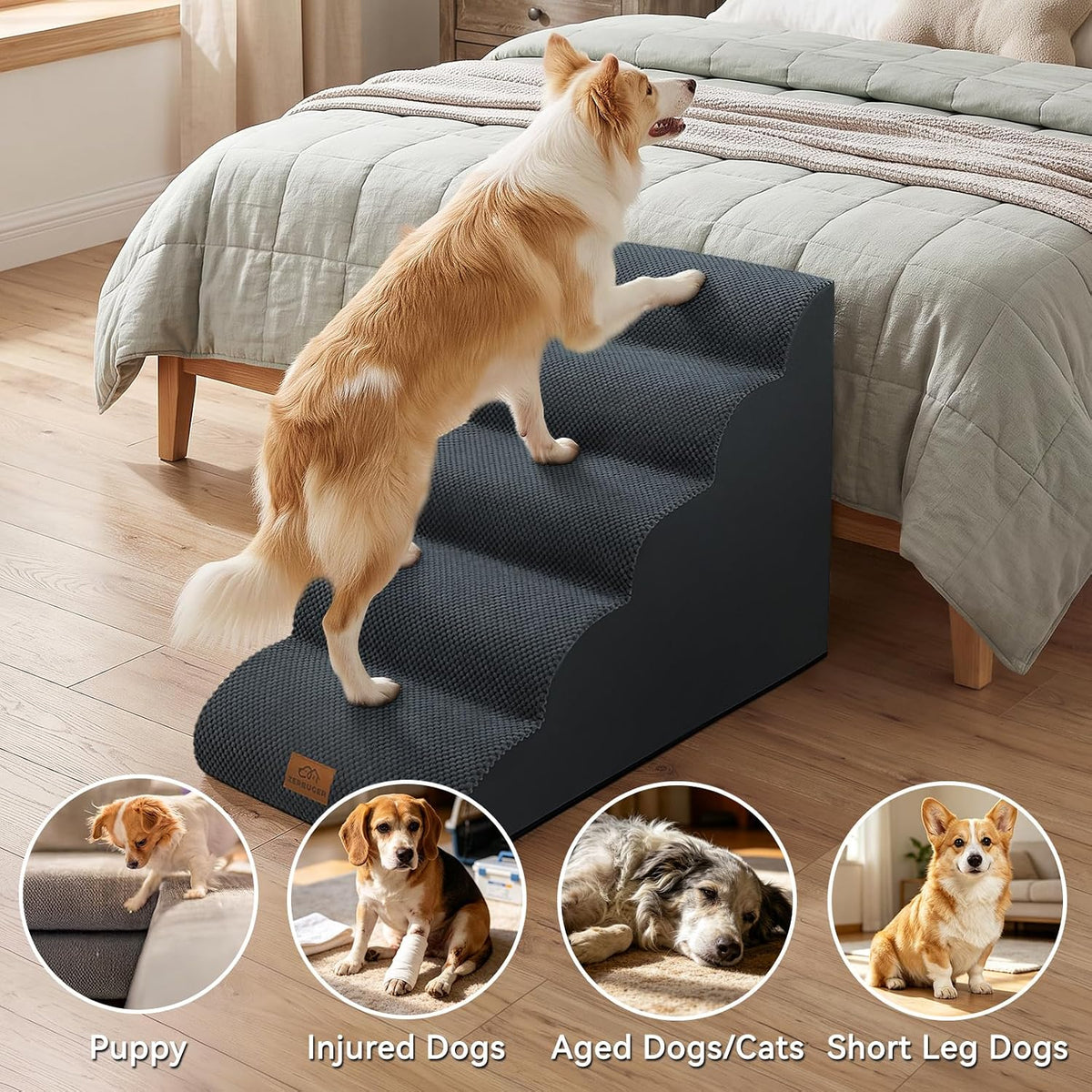 Zerbuger Dog Ramp and Stairs for Bed, Coffee 3 Steps 16" H - Dark Grey / 5 - image 3