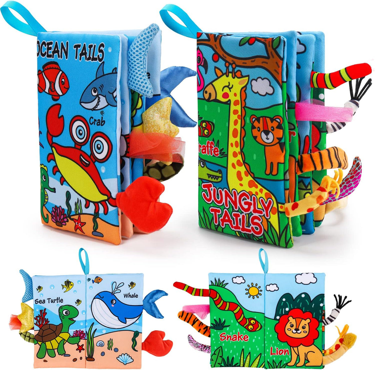 2PCS Baby Books Toys 0-6 Months Infant Tummy Time Sensory Travel Toys – Fun for Kids & Family - Marine & Jungly Animals