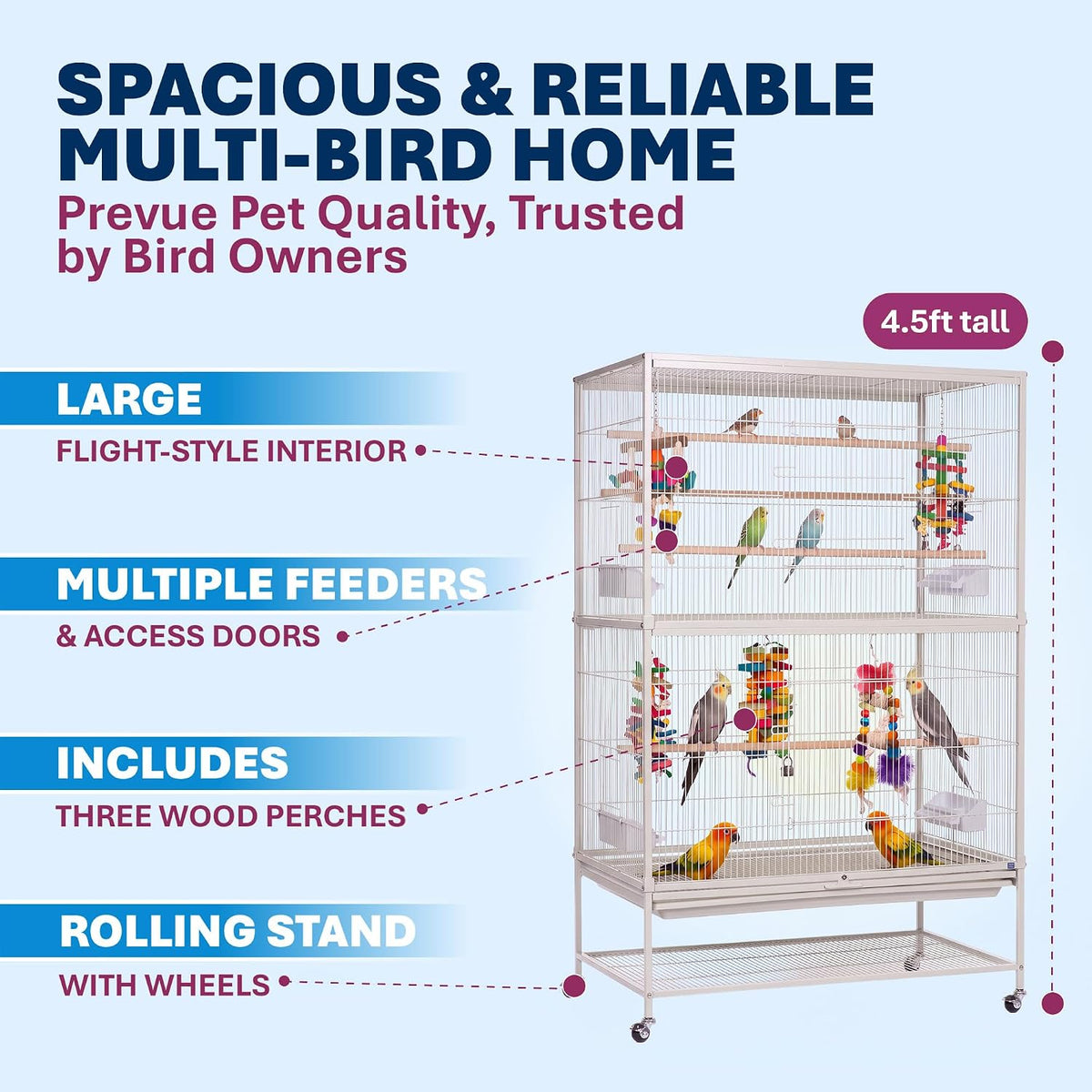Prevue Pet Products Wrought Iron Bird Flight Cage w/Wheels, L - Flight Bird Cage - White / 31.0"L x 20.5"W x 53.0"H - image 4