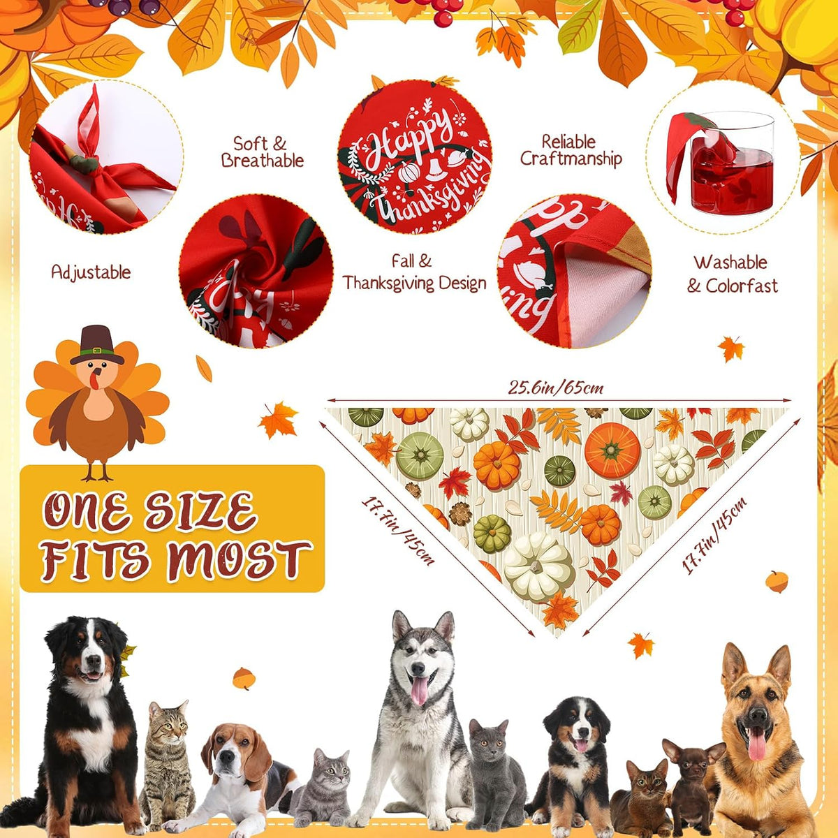 Pack of 60 Thanksgiving fall dog bandanas in 30 patterns made of polyester - view 2