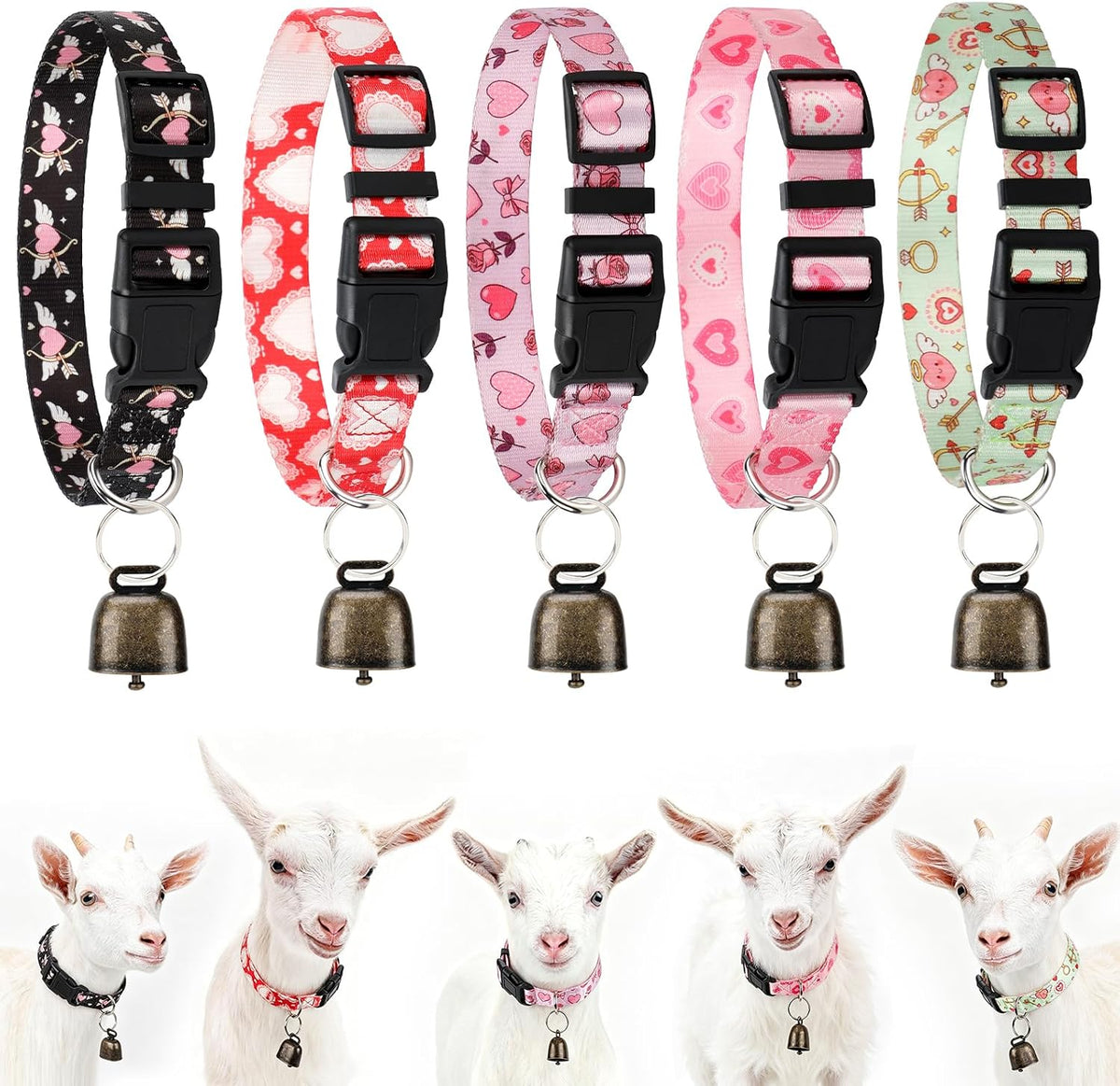 5 Pack Reflective Goat Collars with Bells, Anti-Lost Pet Collar - Heart Print-colored