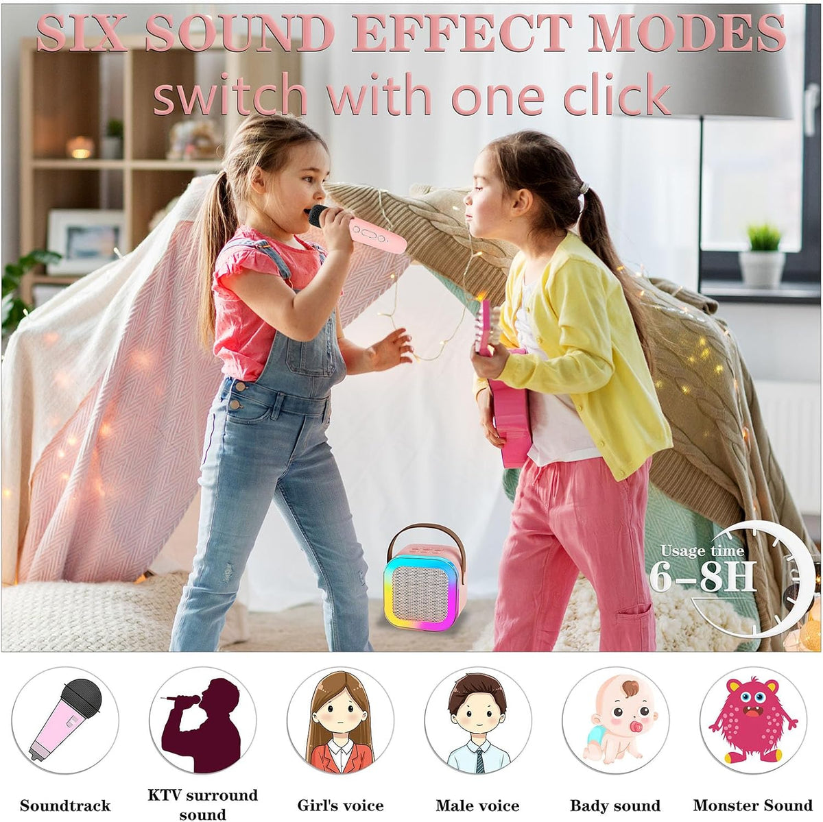 Karaoke Machine for Kids, Portable Bluetooth Speaker with 2 Wireless Microphones, 1 Disco Ball - pink - image 3
