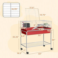 PawHut Two-Story Small Animal Cage Removable from Stand, Guinea Pig Cage with Shelf & Wheels, Pet Habitat for Hedgehog, Chinchilla, Ferret, 33" x 18.5" x 35", Red
