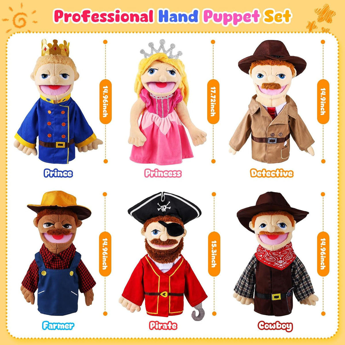 6 Pcs Family Hand Puppets 12 Inch Grandparents, Mom & Dad - Adventurers - image 3