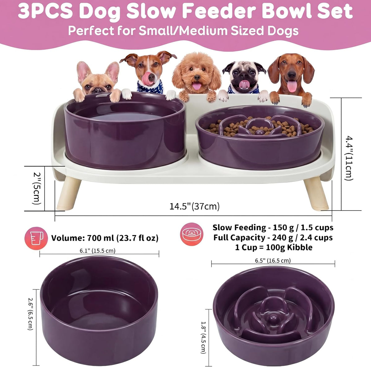 Elevated Slow Feeder Dog Bowls with Splash Proof Stand - Medium / Purple - image 4