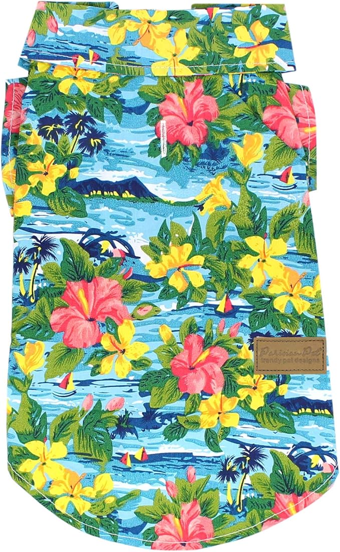 Parisian Pet Stylish Dog Hawaiian Shirt - Cotton Summer Beach Outfit - Hook & Loop Closure - Machine Washable - XS