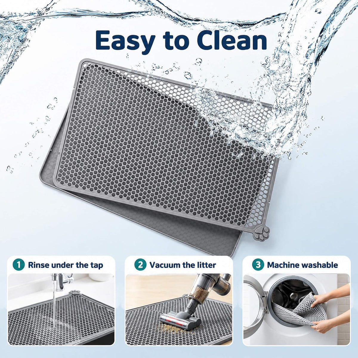 Silicone Cat Litter Mat 24x15" Double Layer Honeycomb Non-Slip – Daily Care for Cats - 24 x 15 inch / Gray - image 4