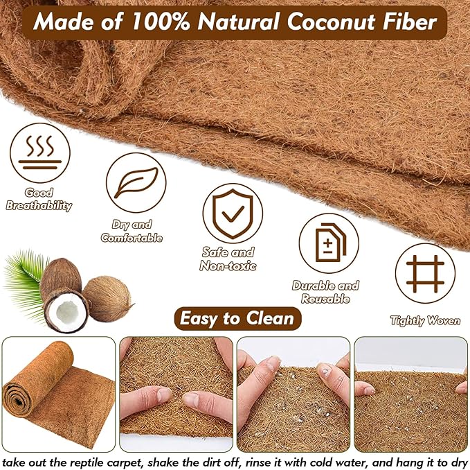 ZeeDix 3 Pieces Coconut Fiber Reptile Substrate Mat, 18 x 36 inches Natural Coco Mat Reptile Carpet Coco Fiber Liner Turtle Bedding Reptile Terrarium Liner for Lizard Snake Turtle Gecko Bearded Dragon