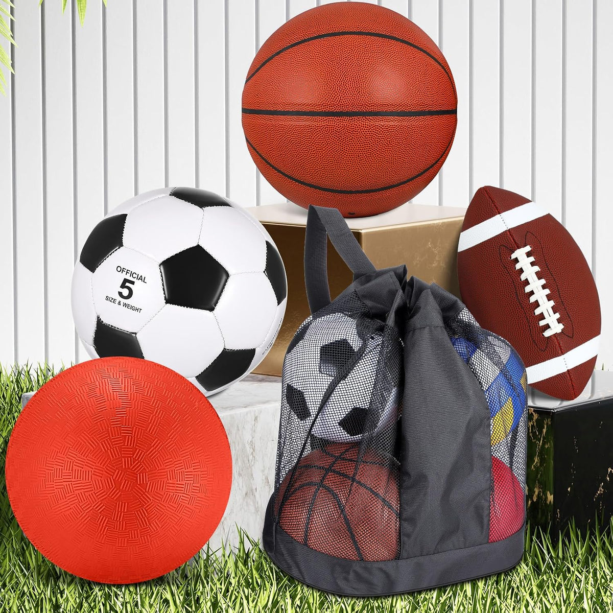 Lenwen sports balls set with basketball, soccer ball, football, playground ball, pump and bag - view 17
