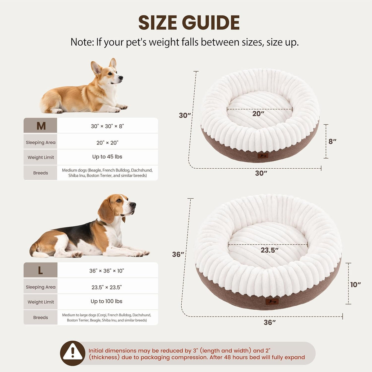 Donut Dog Bed Medium Size Dog, Round Cat Beds for Small Dogs – Essentials for Dogs - Cream / 36"L x 36"W x 10"Th - image 4
