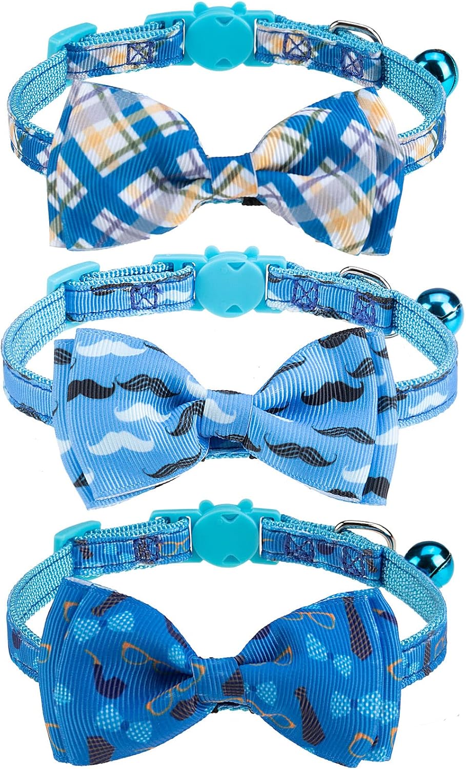 Breakaway cat collar 3-pack with removable bow tie and bell, patterned polyester