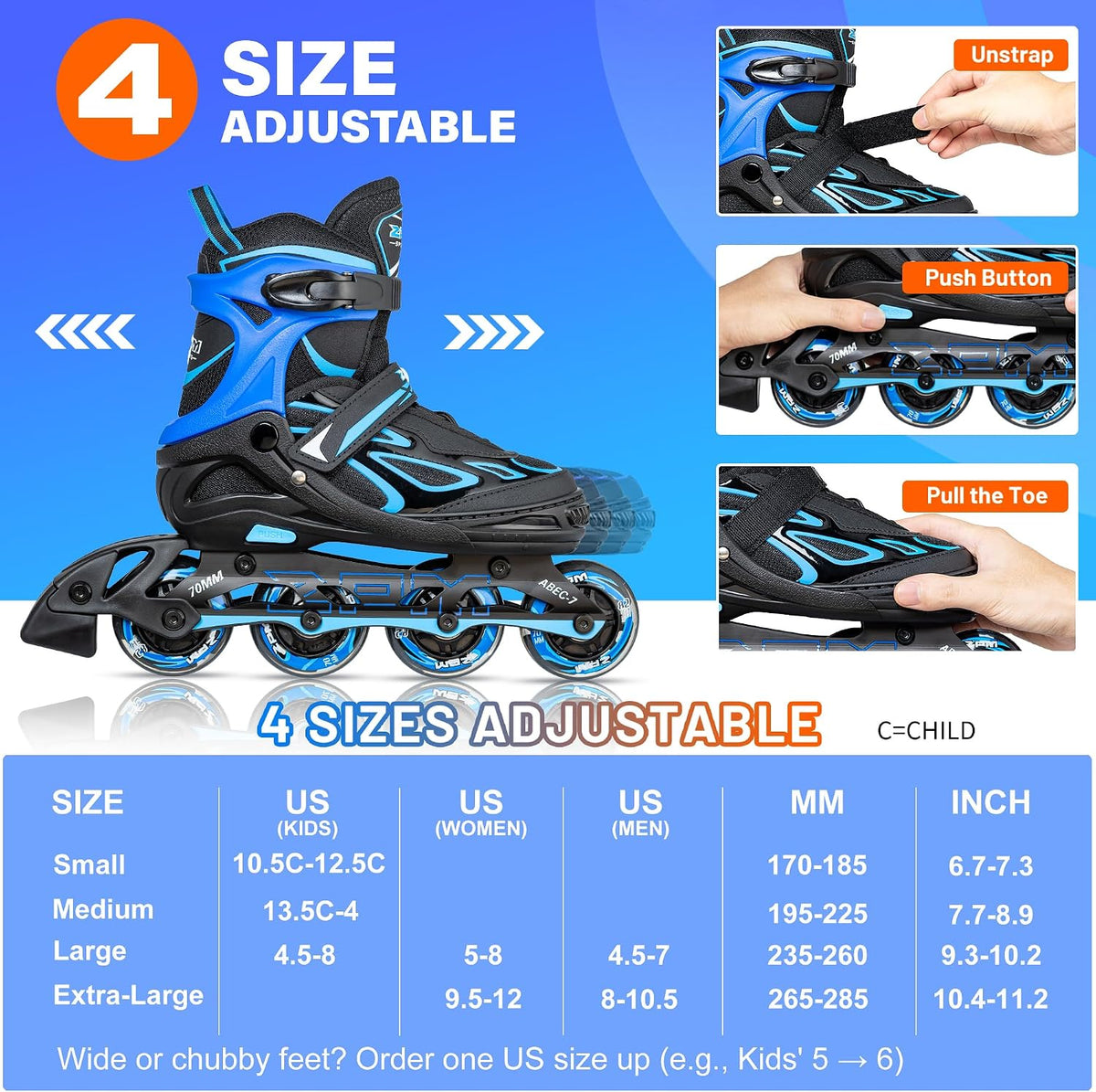 2PM SPORTS Adjustable Inline Skates for Kids, Youth and Adults - Azure & Blue / Large - Youth (4.5-8 US) - image 4
