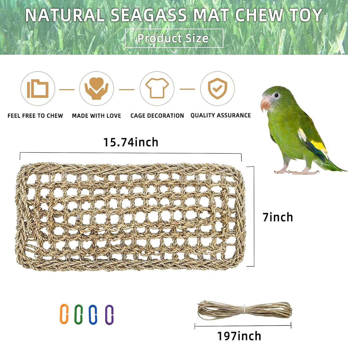 Bird Seagrass Mat 30 x 7 Inch Parrot Natural Seagrass Woven Net - 1Pc 16" × 7" - image 2